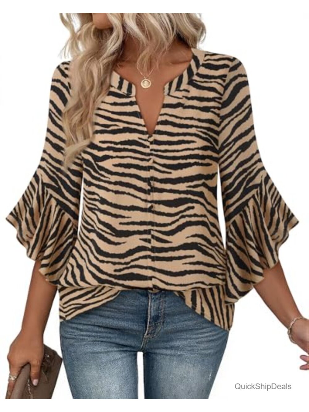 Womens Chiffon Blouse 3/4 Ruffle Sleeve Henley V Neck Button Down Top